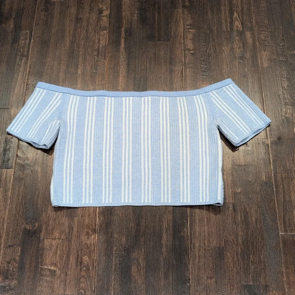 Aerie Off Shoulder Striped Cropped Sweater Top Women's XL Blue White Stretch - Picture 4 of 5